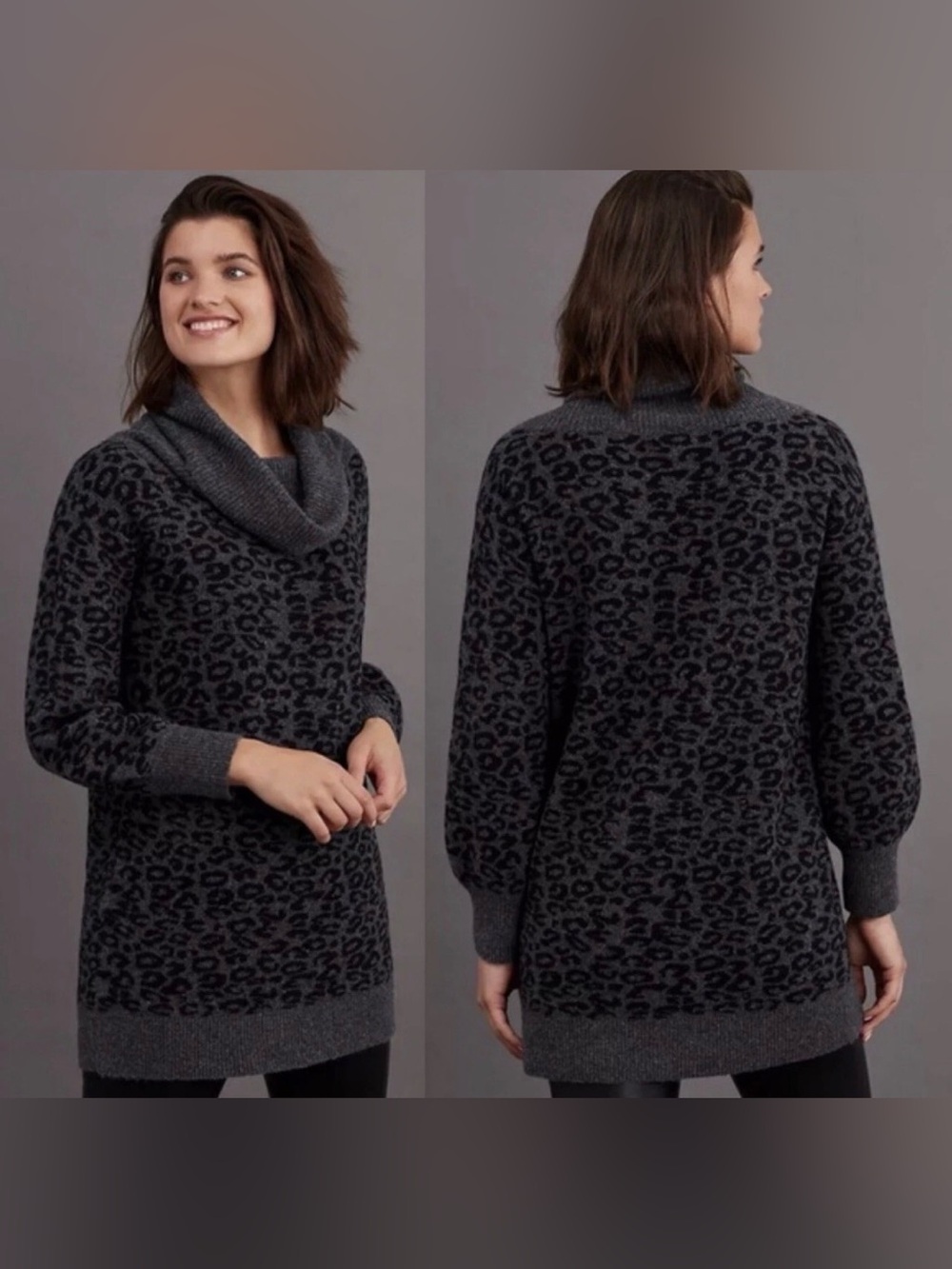 Anthropologie Emmy Black/Grey Leopard Print Tunic Sweater Size XS